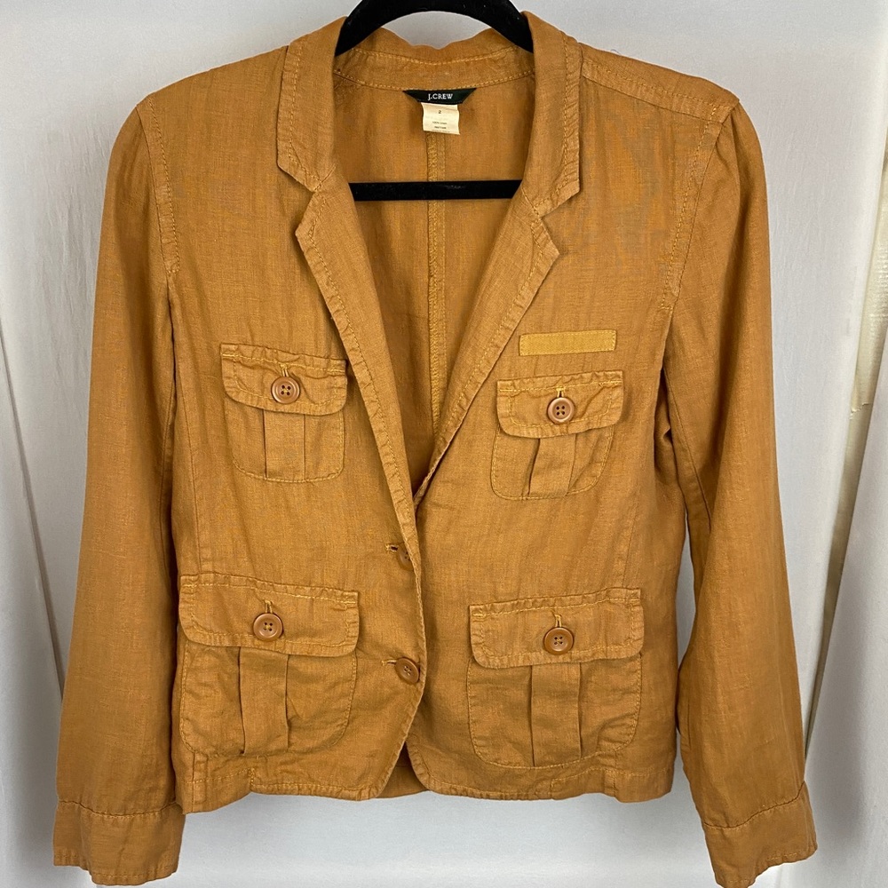 VTG J Crew Linen Blazer Lady Jacket Size 2 Ochre 2 Button